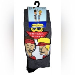 Beavis & Butt Head Crew Socks 2 Pair Men's 6.5-12 Gray Black w Burger World MTV